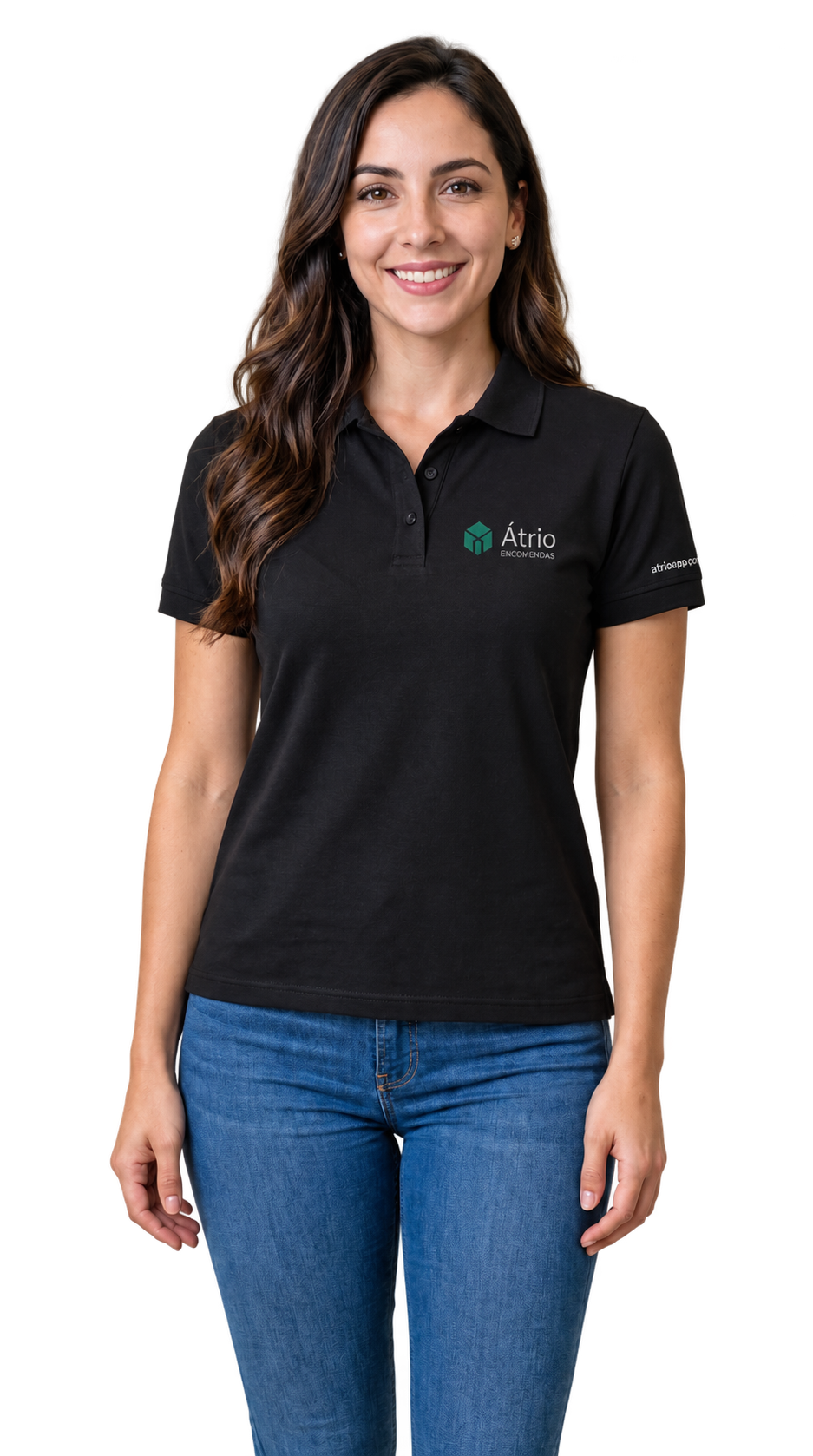 Átria, assistente virtual do Átrio, com uniforme da empresa